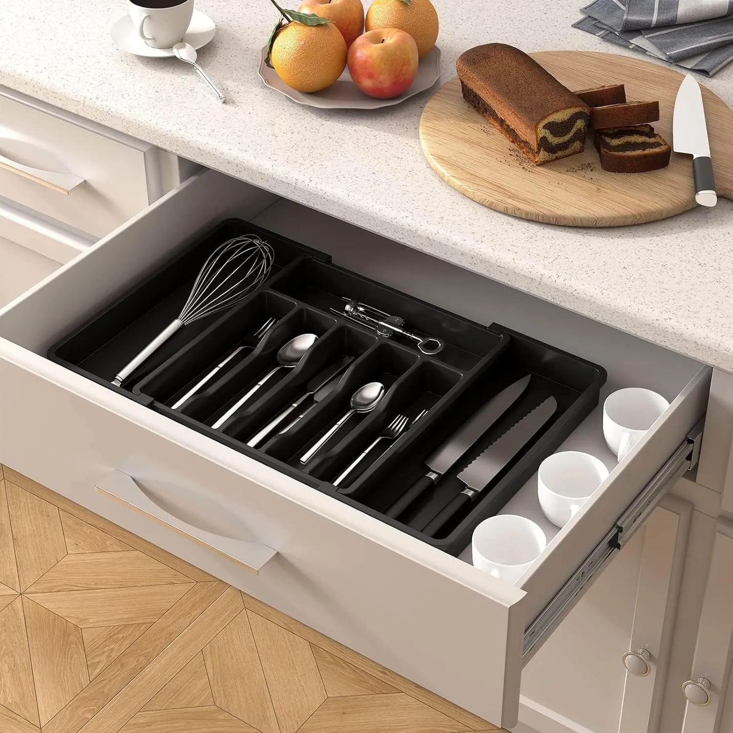 EZYHOME Drawer Organizer, Expandable Utensil Tray for Kitchen, BPA Free Flatware and Cutlery Holder, Adjustable Plastic Storage for Spoons Forks Knives.