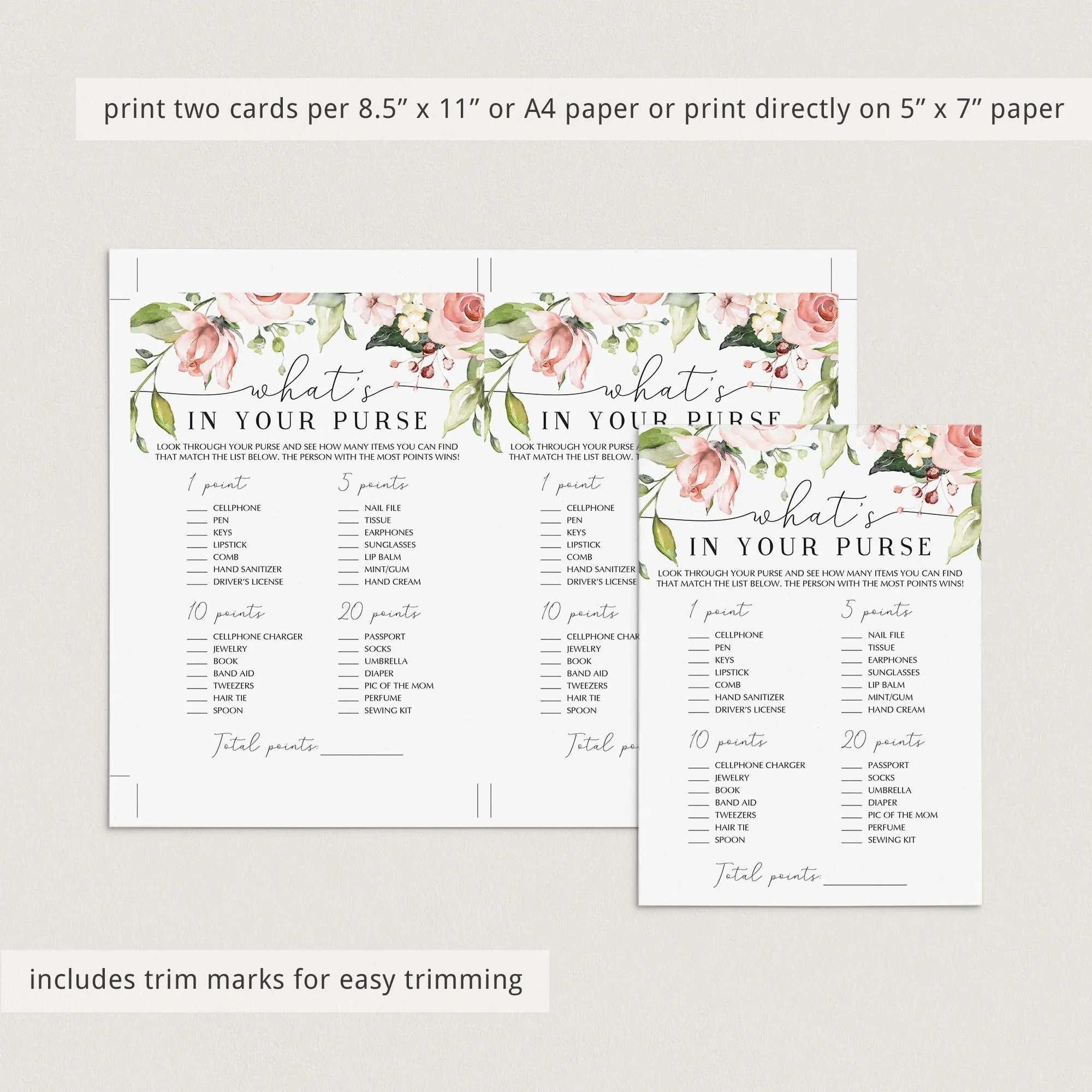 Floral Baby Shower Purse Hunt Game Printable