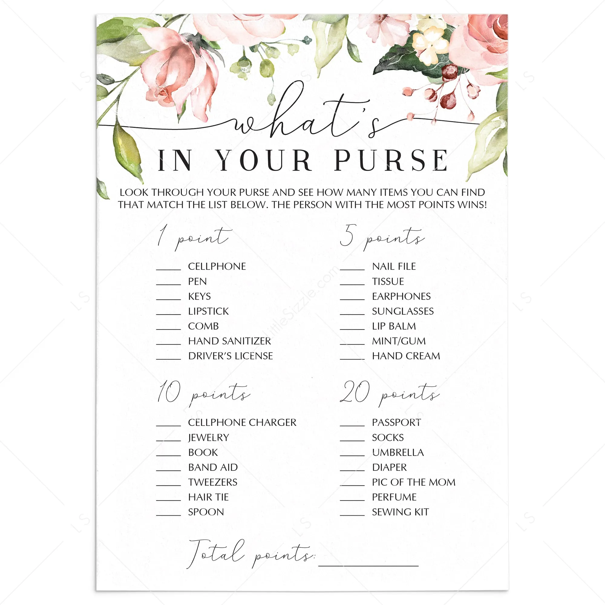 Floral Baby Shower Purse Hunt Game Printable