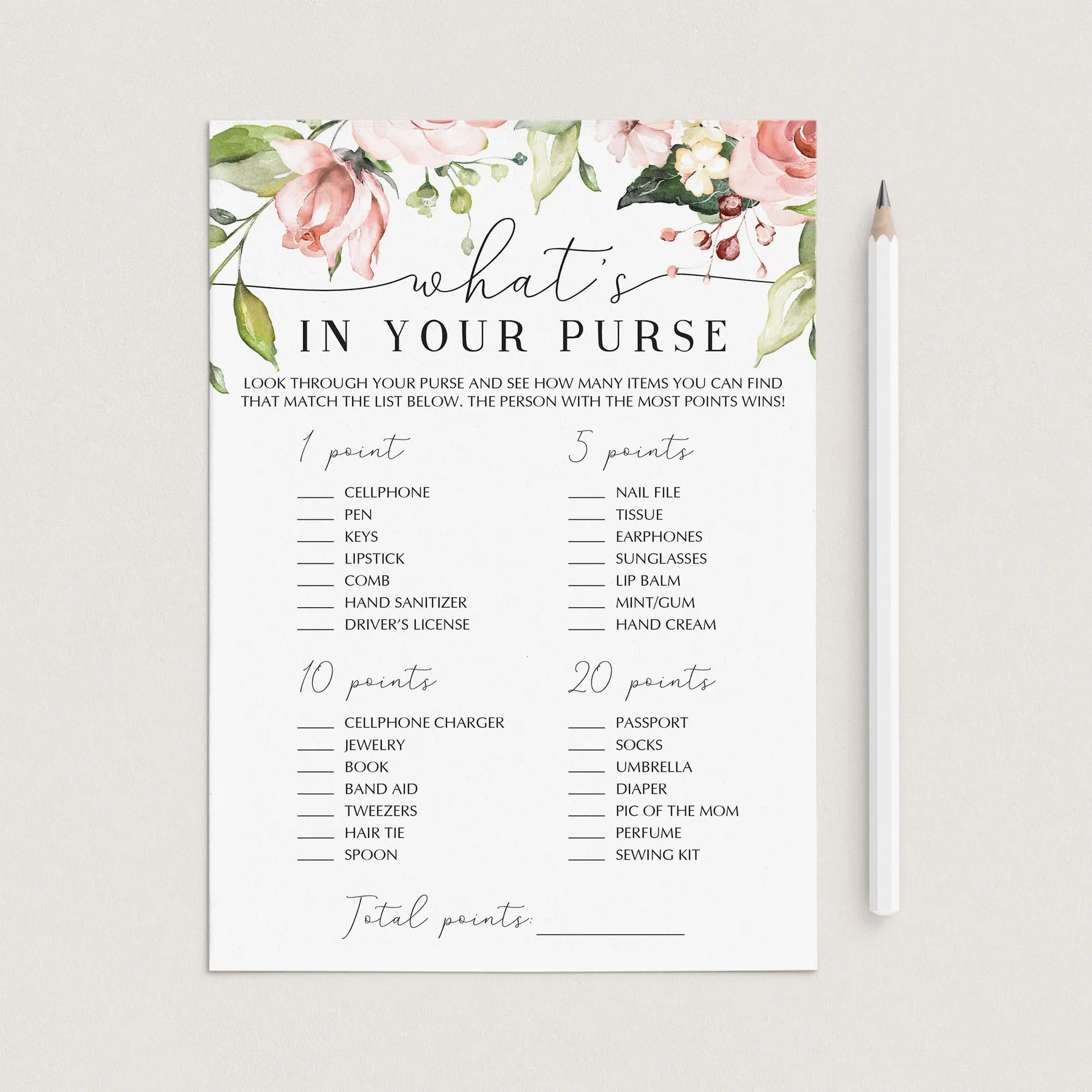 Floral Baby Shower Purse Hunt Game Printable