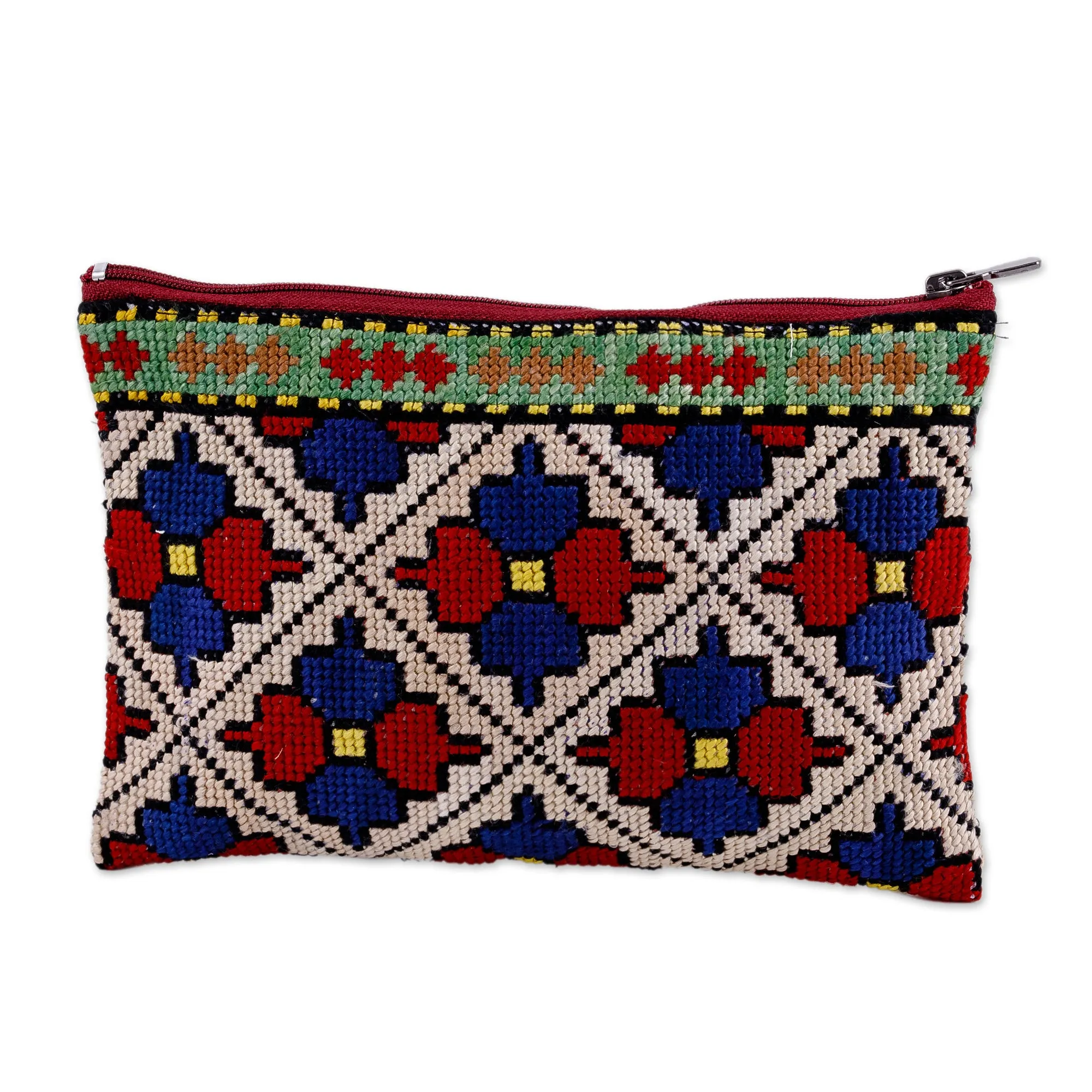 Floral Iroki Embroidered Silk Cosmetic Bag in Red and Blue - Palace Glory | NOVICA