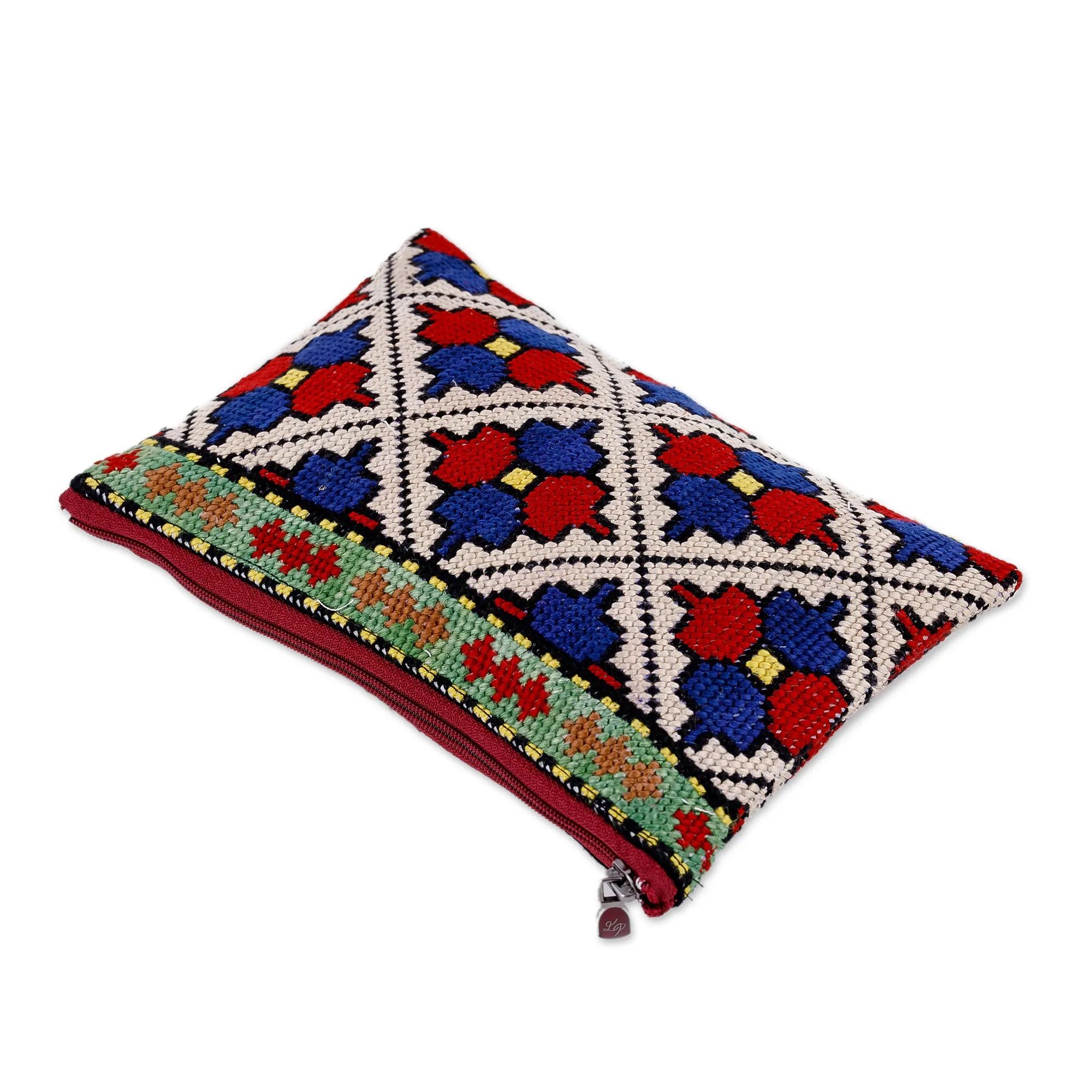 Floral Iroki Embroidered Silk Cosmetic Bag in Red and Blue - Palace Glory | NOVICA