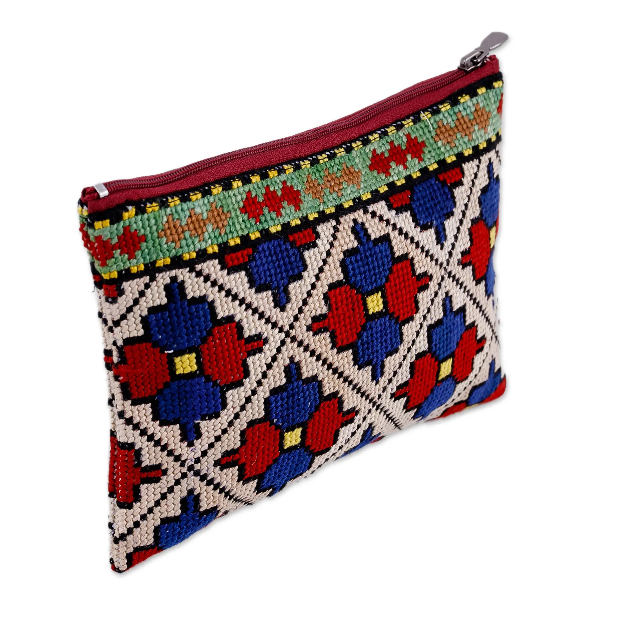 Floral Iroki Embroidered Silk Cosmetic Bag in Red and Blue - Palace Glory | NOVICA