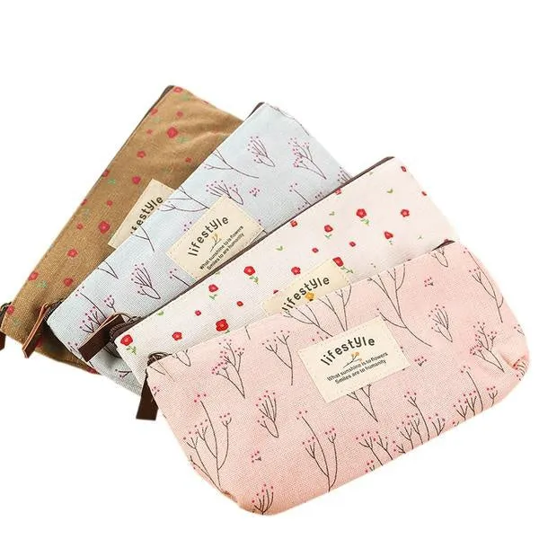 Flower Zipper Pencil Case Floral Canvas Pen Bags