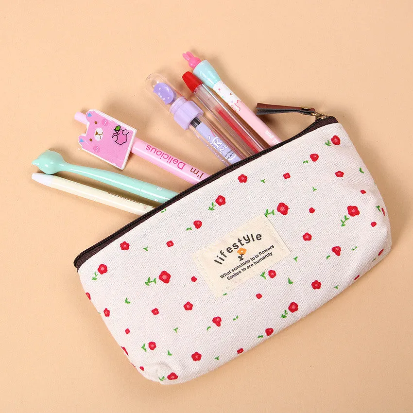 Flower Zipper Pencil Case Floral Canvas Pen Bags