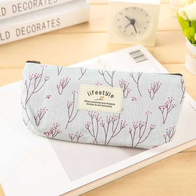 Flower Zipper Pencil Case Floral Canvas Pen Bags