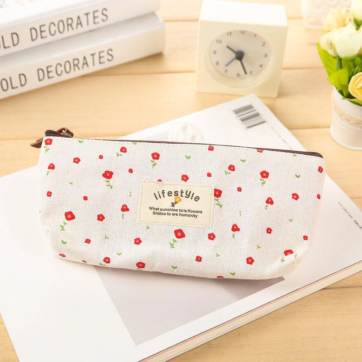 Flower Zipper Pencil Case Floral Canvas Pen Bags