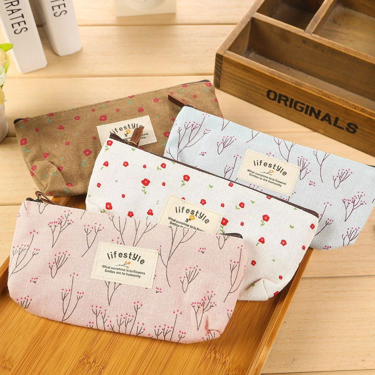 Flower Zipper Pencil Case Floral Canvas Pen Bags