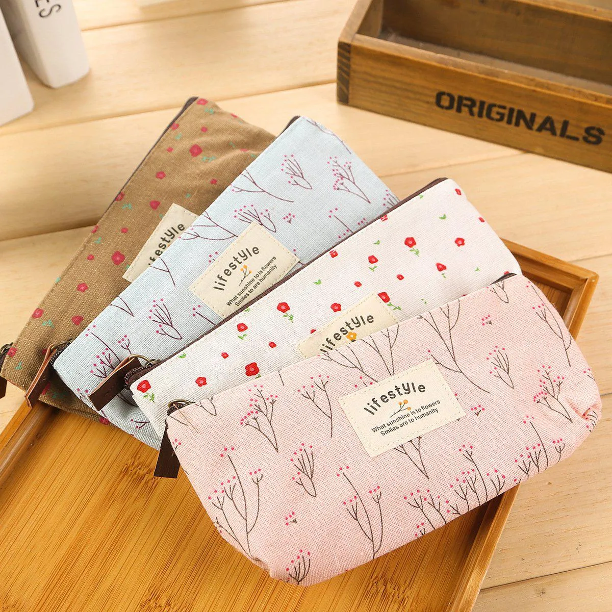 Flower Zipper Pencil Case Floral Canvas Pen Bags