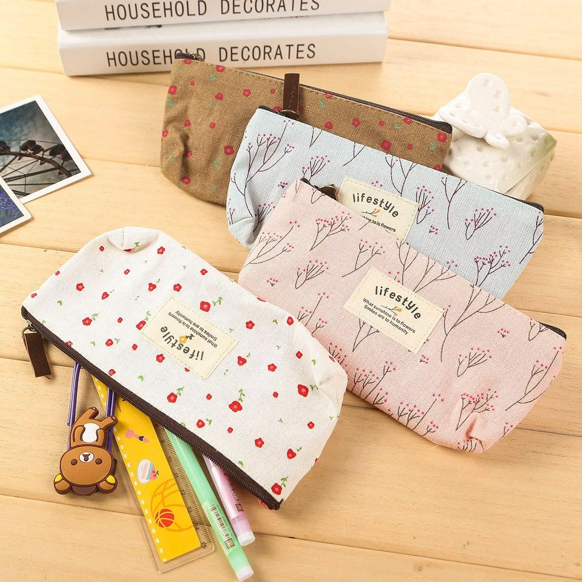 Flower Zipper Pencil Case Floral Canvas Pen Bags