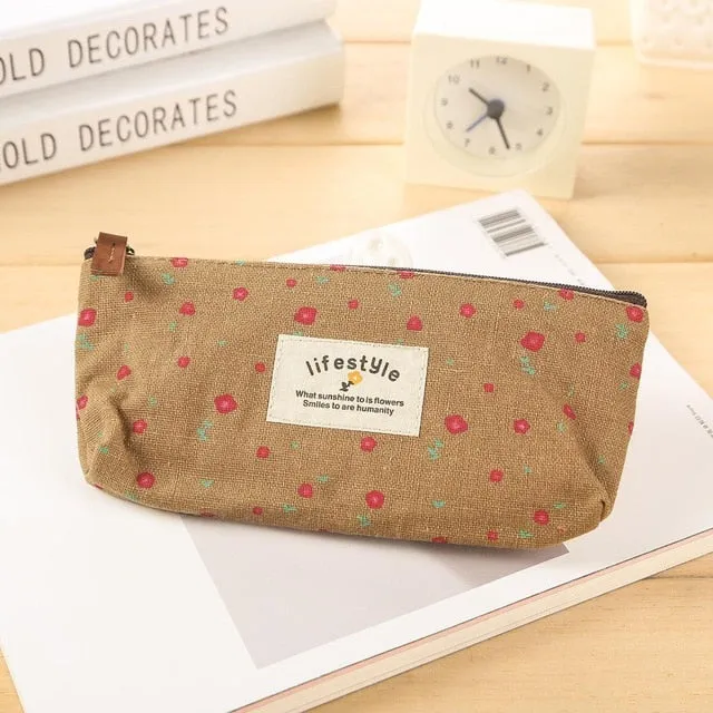 Flower Zipper Pencil Case Floral Canvas Pen Bags