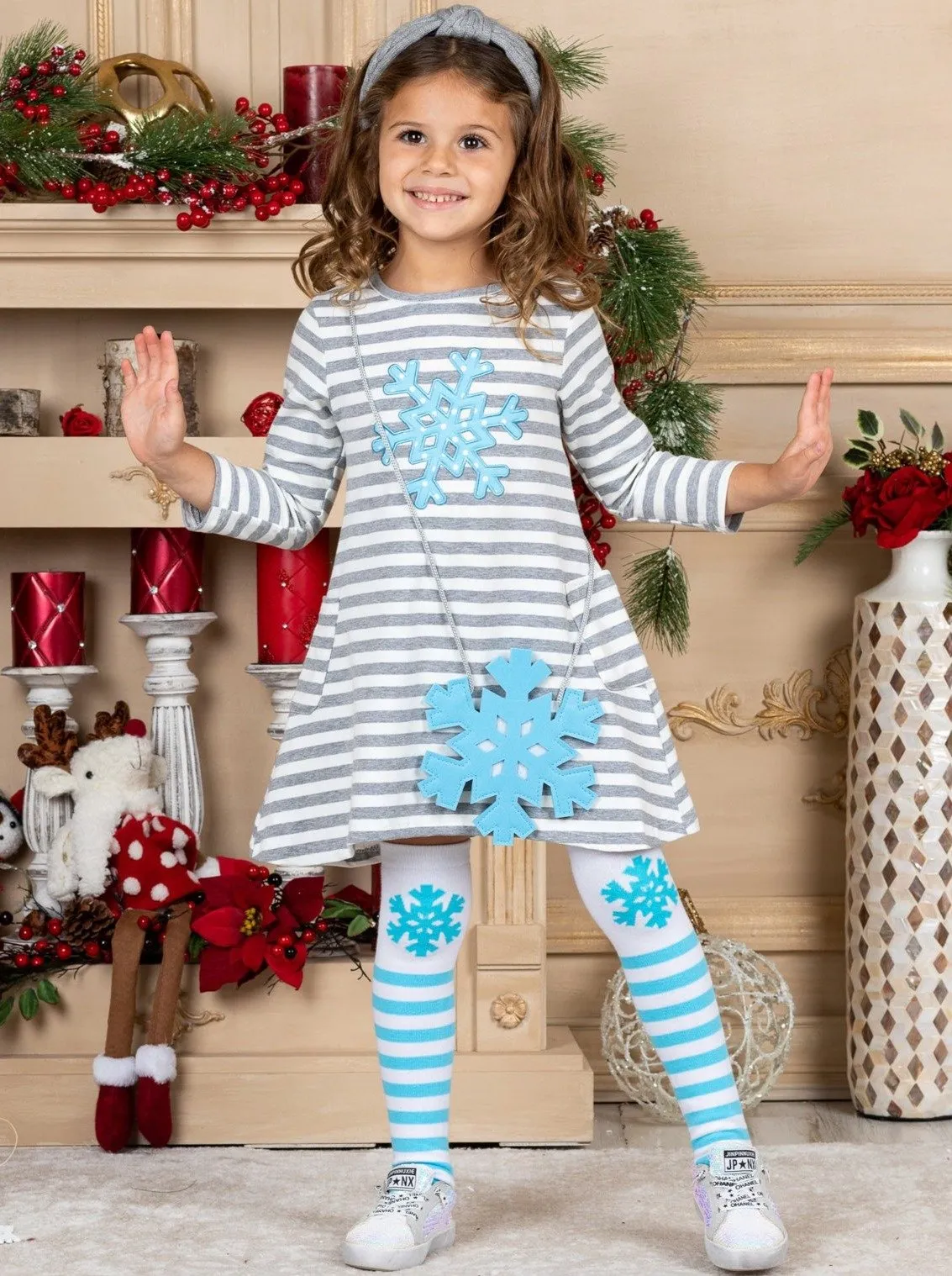 Girls "Snowflake" Striped Print Dress, Purse and Socks Set