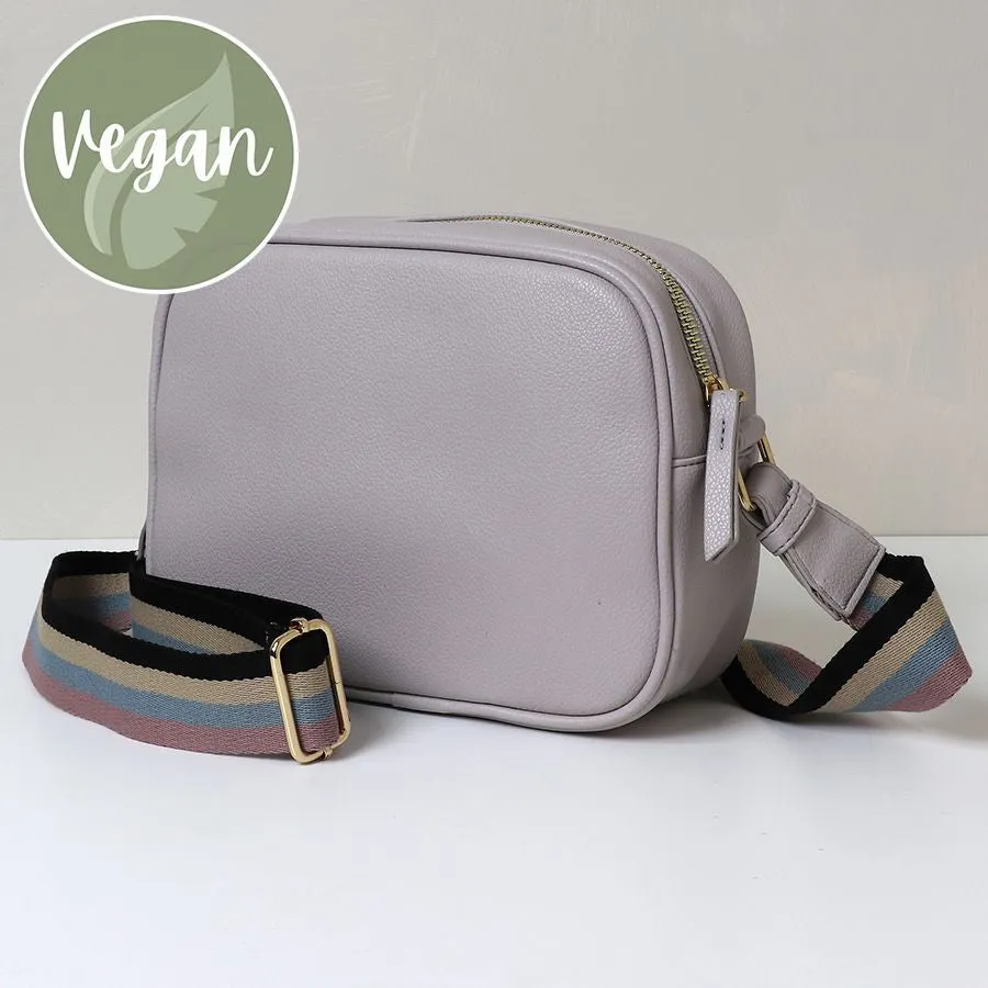 Grey/Pink Vegan Leather Crossbody Bag With Striped Strap