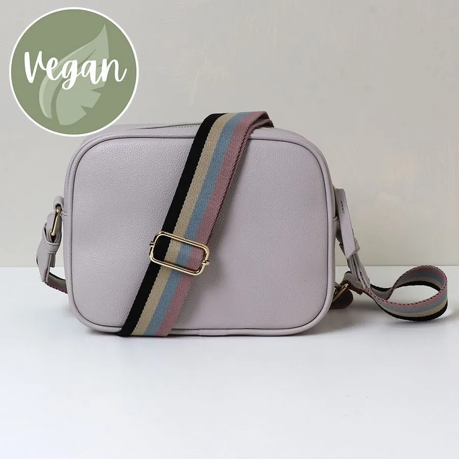 Grey/Pink Vegan Leather Crossbody Bag With Striped Strap