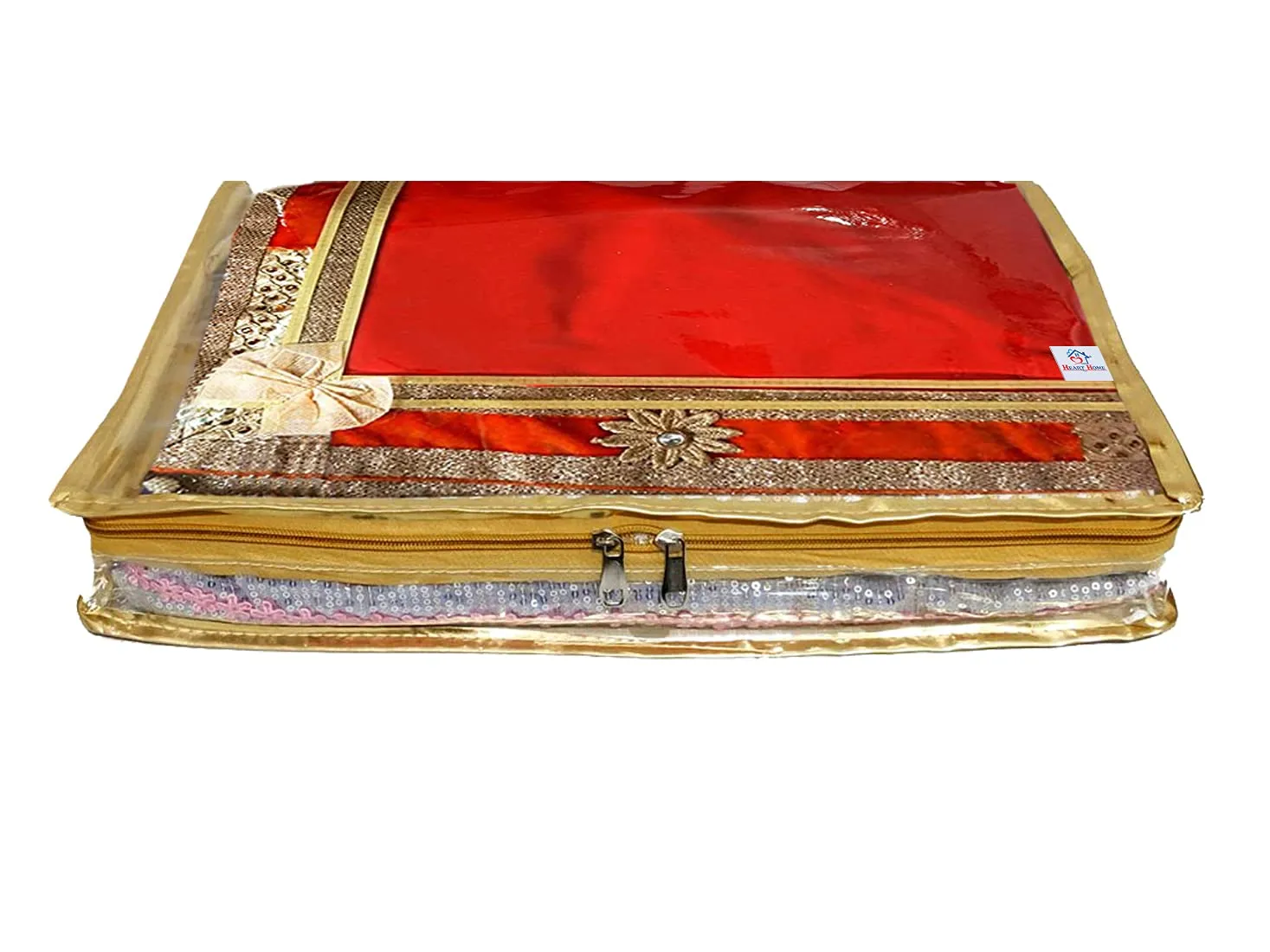 Heart Home Bow Design 3" inch Tranasparent PVC Foldable, Waterproof Saree Cover, Saree Organizer With Golden Border- Pack of 8 (Gold)-HS_38_HEARTH21557