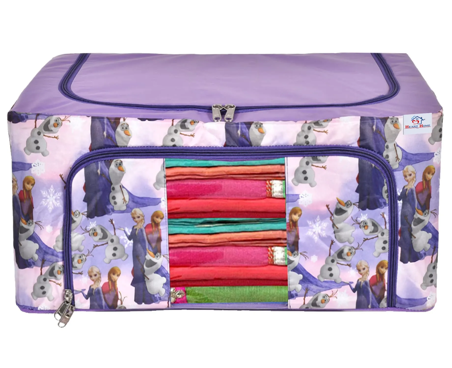 Heart Home Cartoon Printed Steel Frame Storage Box/Organizer For Clothing, Blankets, Bedding With Clear Window, 88Ltr. (Purple)-44HH0277