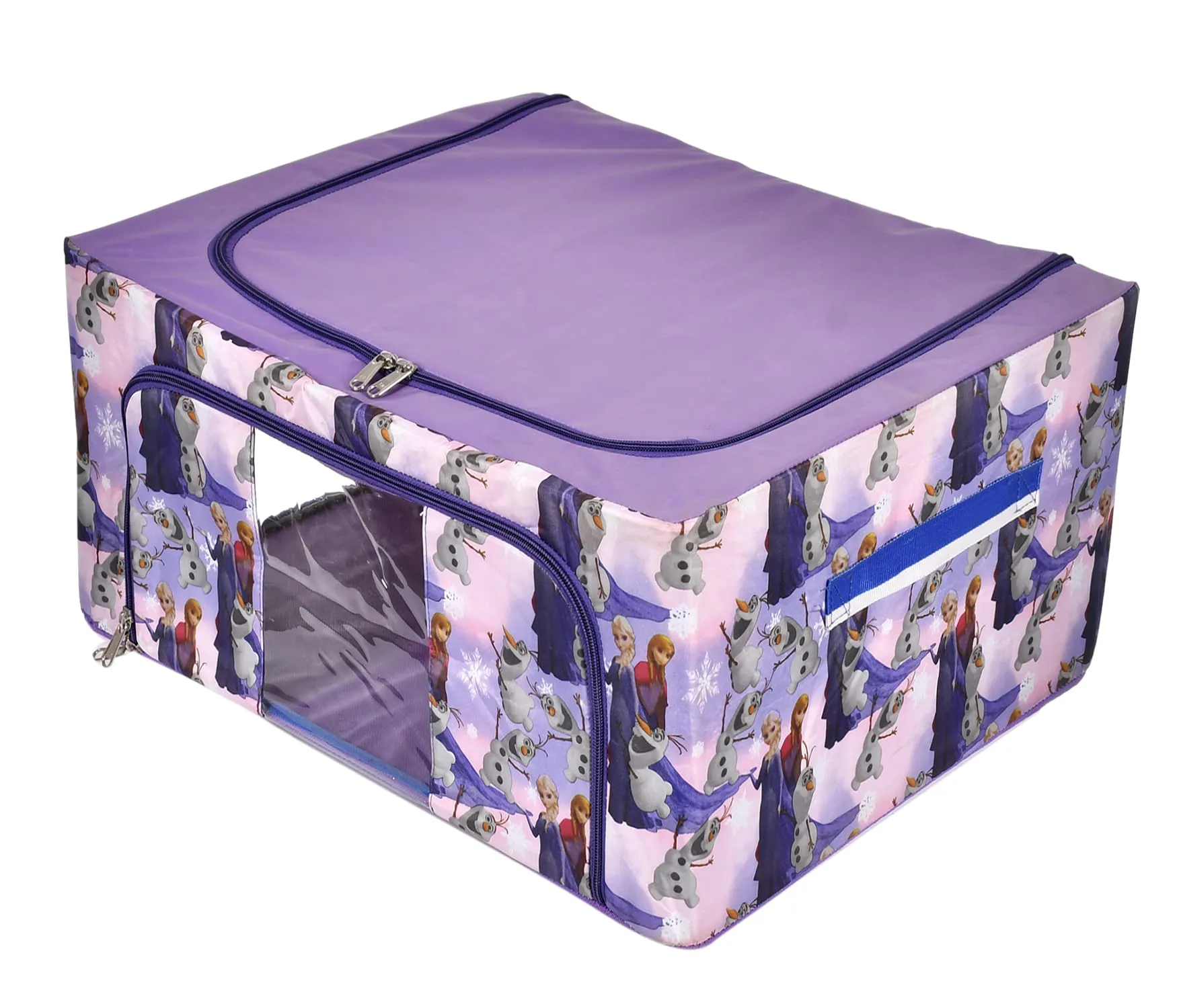 Heart Home Cartoon Printed Steel Frame Storage Box/Organizer For Clothing, Blankets, Bedding With Clear Window, 88Ltr. (Purple)-44HH0277