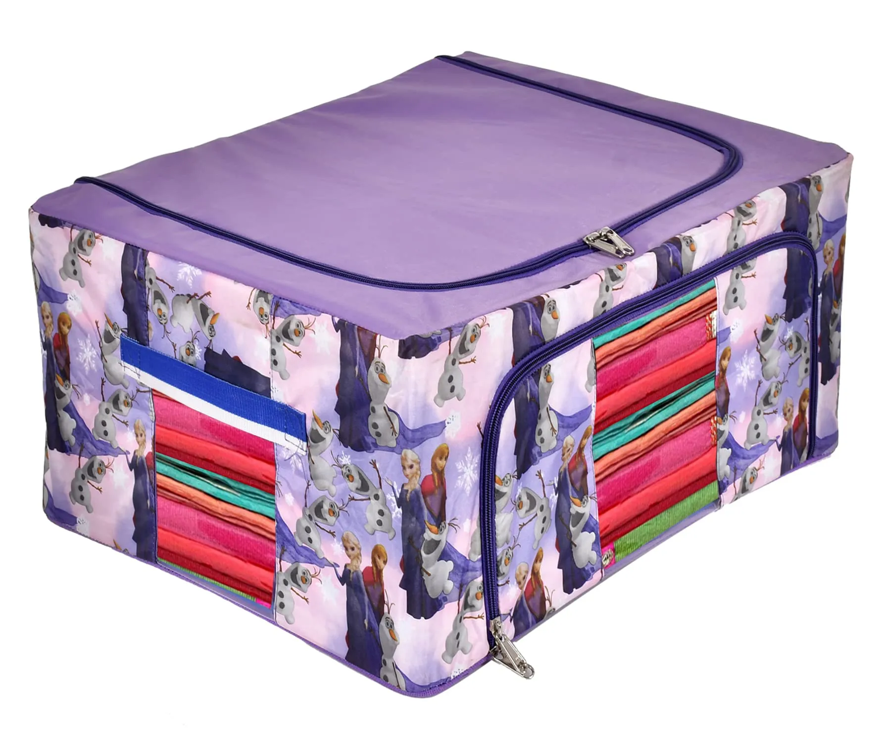 Heart Home Cartoon Printed Steel Frame Storage Box/Organizer For Clothing, Blankets, Bedding With Clear Window, 88Ltr. (Purple)-44HH0277