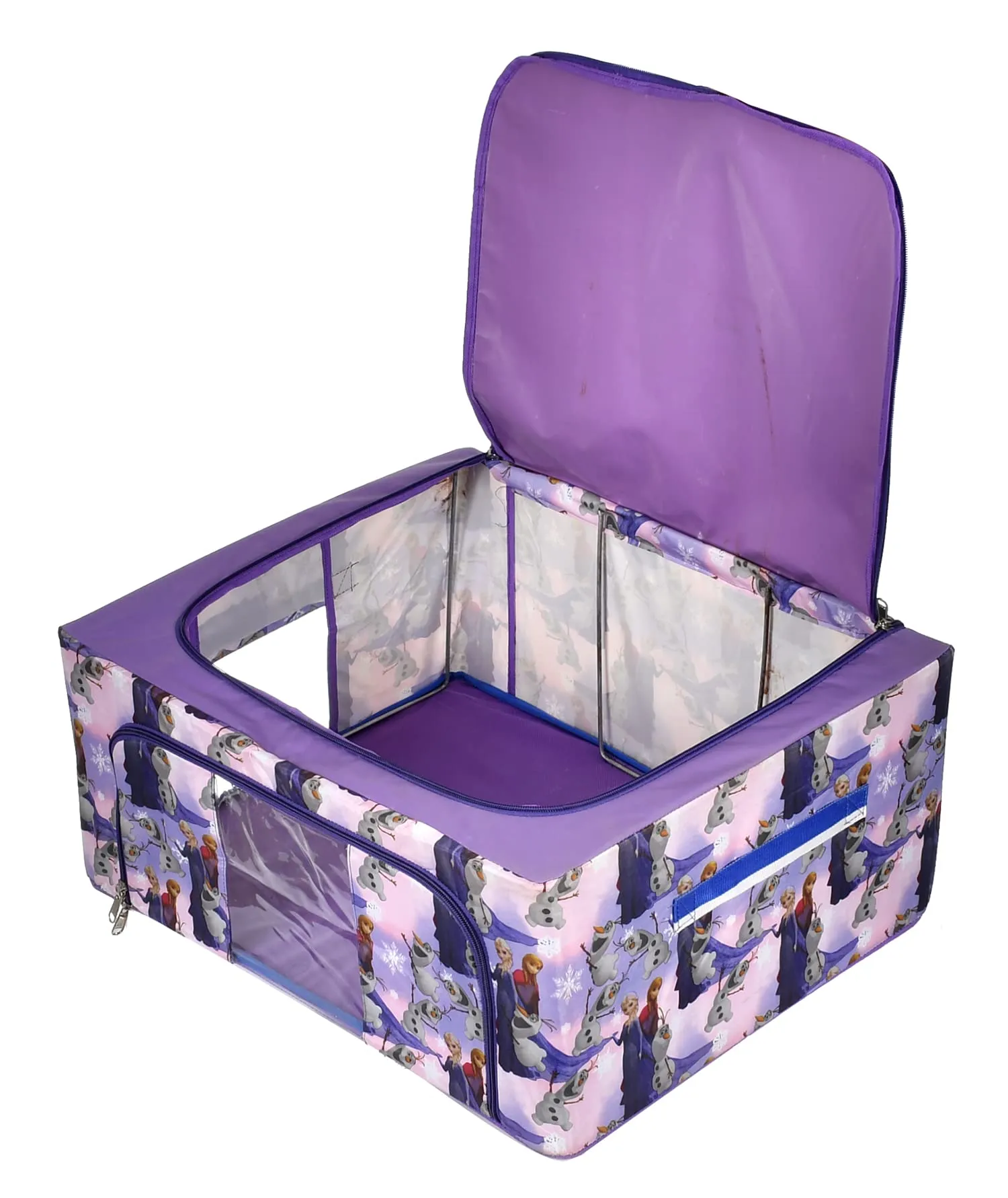 Heart Home Cartoon Printed Steel Frame Storage Box/Organizer For Clothing, Blankets, Bedding With Clear Window, 88Ltr. (Purple)-44HH0277