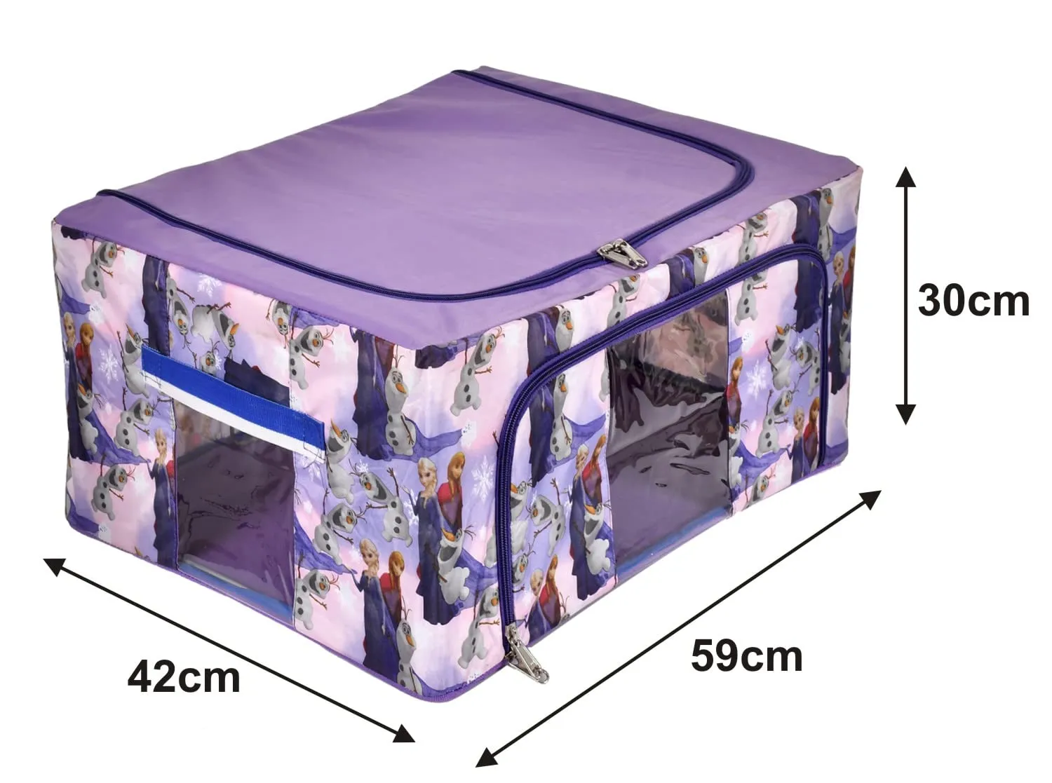 Heart Home Cartoon Printed Steel Frame Storage Box/Organizer For Clothing, Blankets, Bedding With Clear Window, 88Ltr. (Purple)-44HH0277