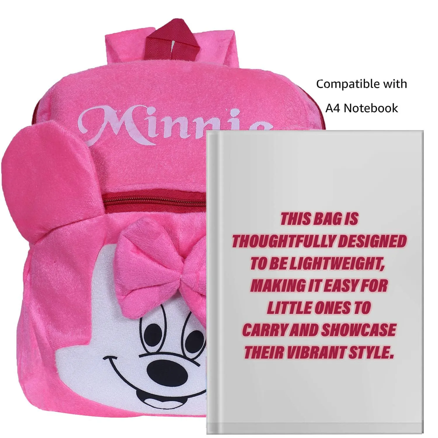 Heart Home Disney Minnie Bow School Bag | Velvet Kids School Bags | Student Bookbag | School Bag for Girls & Boys | School Backpack for Kids | 2 Compartments | Pink