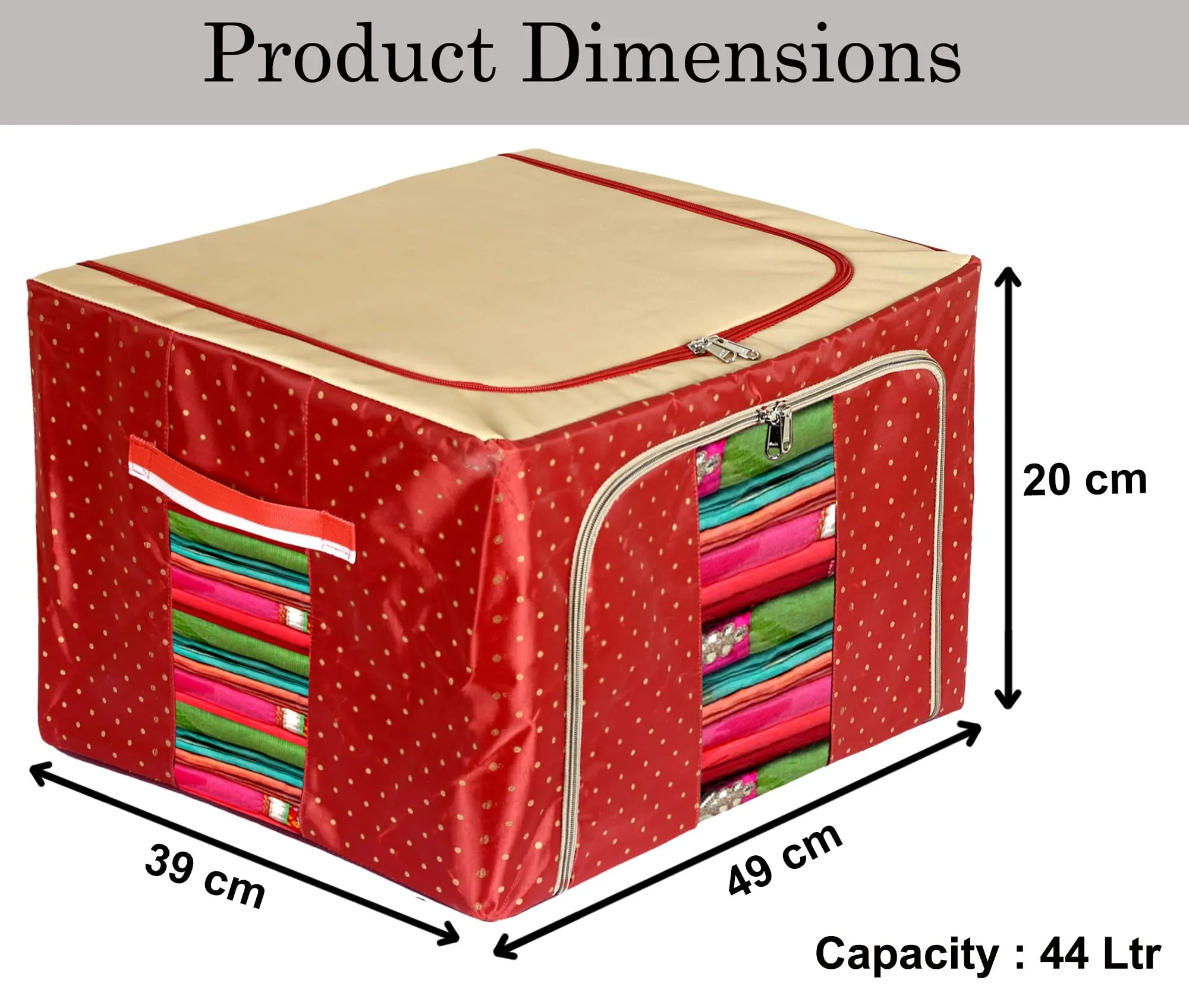 Heart Home Dot Printed Steel Frame Living Box, Closet Organizer, Cloth Storage Boxes for Wardrobe With Clear Window, 44Ltr.- Pack of 2 (Maroon & Brown)-44HH0244