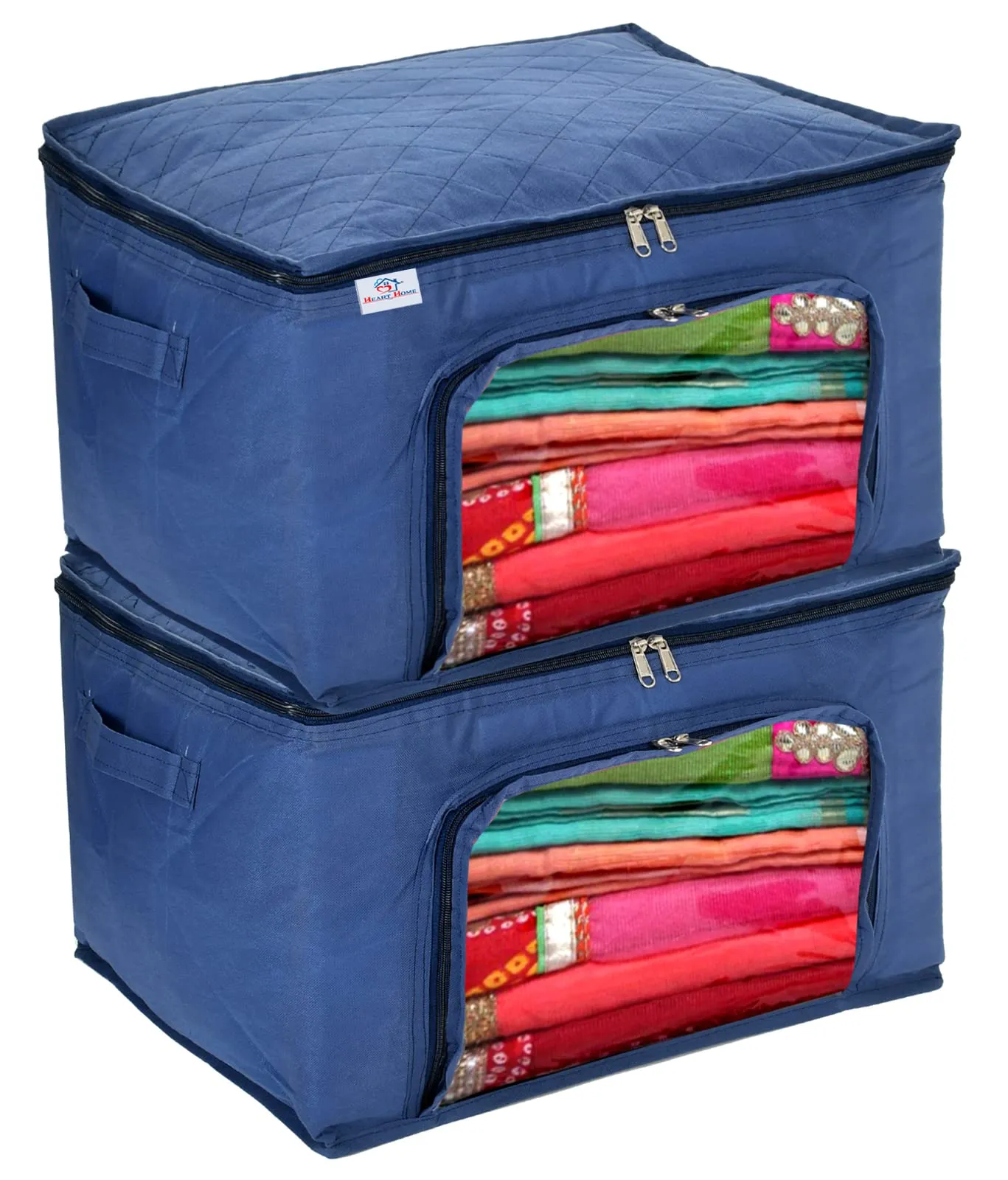 Heart Home Non-Woven Living Box, Underbed Storage, Cloth Storage Boxes for Wardrobe With Window Pack of 2 (Blue) 54HH4094.