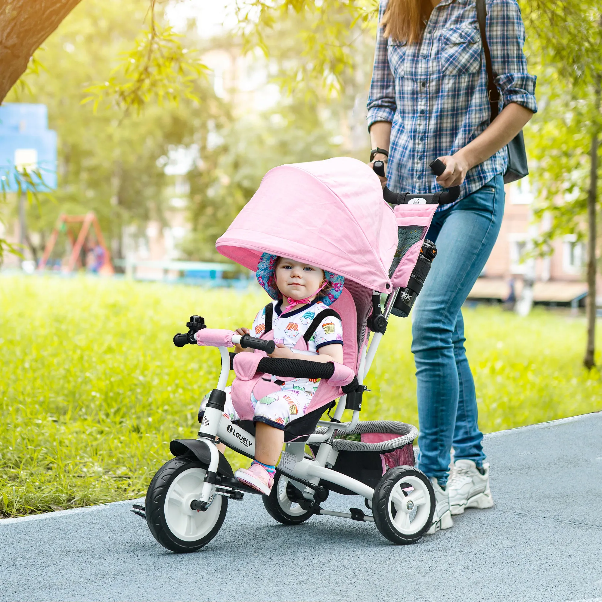 HOMCOM 6 in 1 Kids Pink Trike, Stroller with Parent Handle