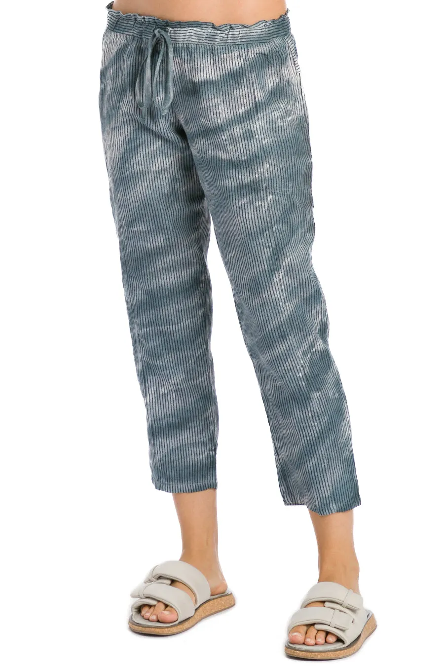 Indigo Stripe Paper Bag Crop Linen Pant