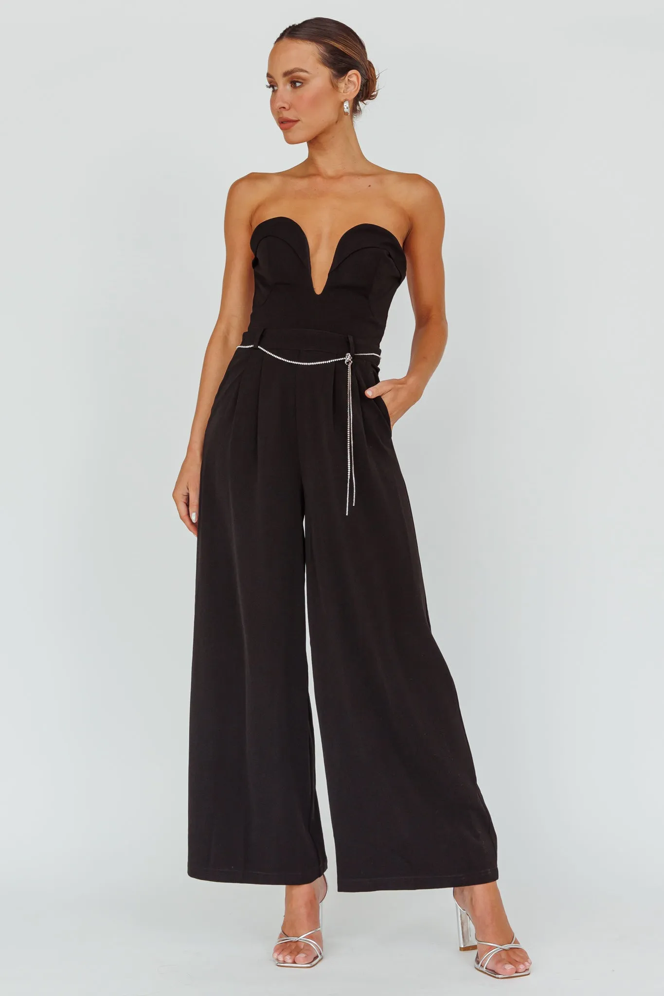 Kayte Strapless Belted Waist Jumpsuit Black