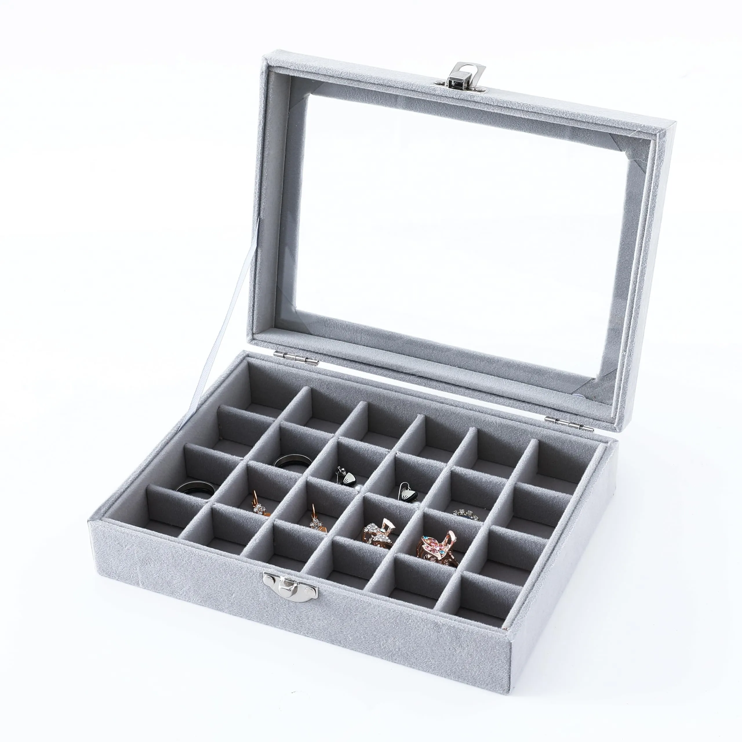 Kuber Industries 24 Grids Velvet Jewelry Box Organizer | Jewelry Storage Box | Jewelry Organizer | Showcase Holder Dresser Organizer for Earring Necklace Bracelet Ring | Pack of 3 | YBLG03 | Grey