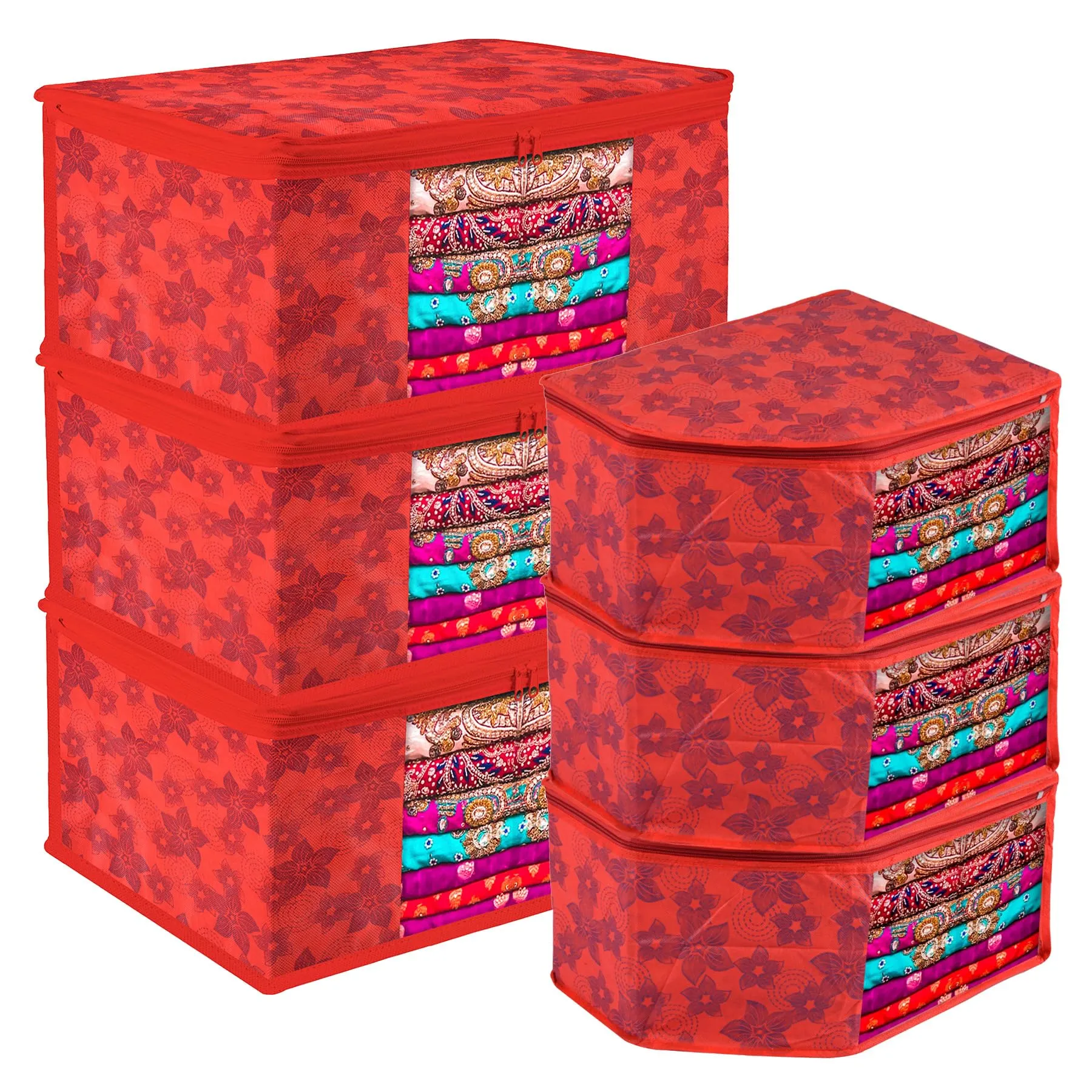 Kuber Industries Saree Cover & Blouse Cover Set | Saree & Blouse Organizer Combo Set | 3 Pieces Blouse & 3 Pieces Saree Cover Set | Zipper Closure | Flower-Design | Set of 6 | Red