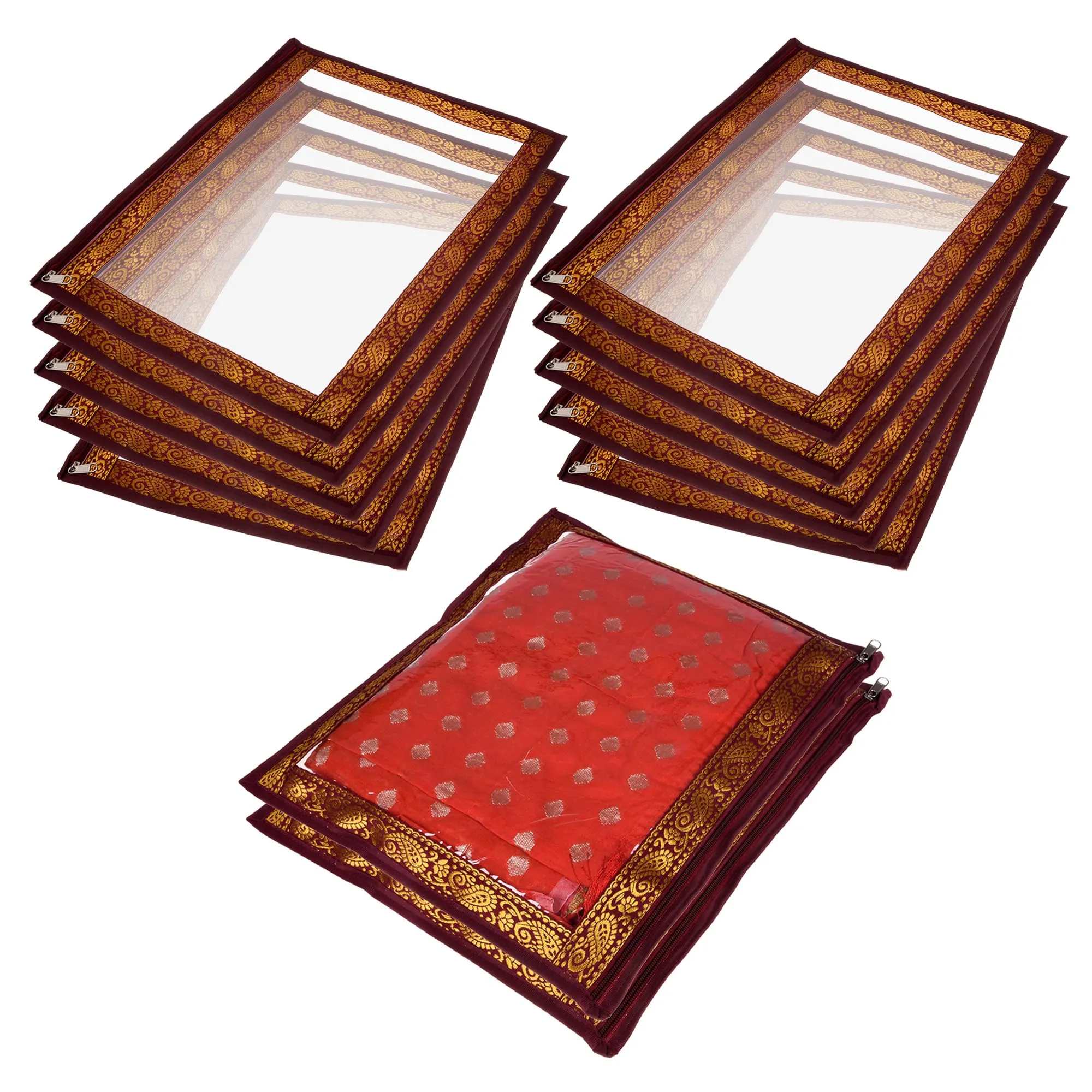 Kuber Industries Saree Cover | Clothes Storage Bag | Single Packing Saree with Zip Closure | Wardrobe Organizer | Cloth Stoarge Organizer | 4 Side Lace Design | Pack of 12 | Maroon