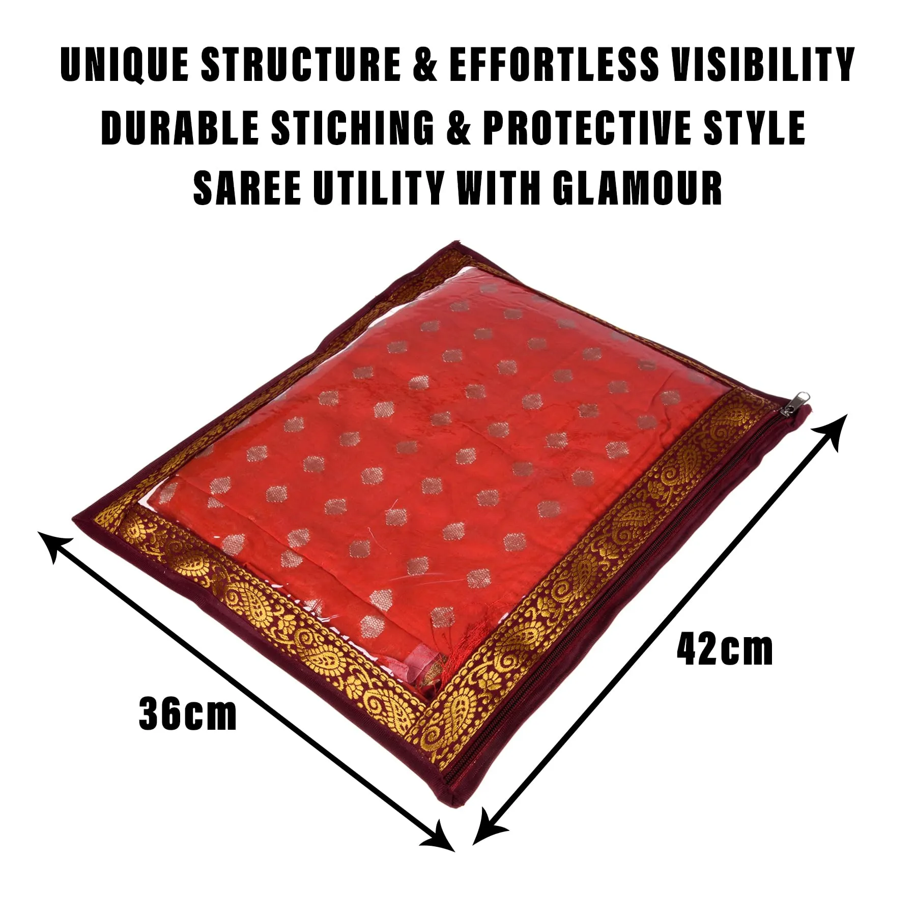 Kuber Industries Saree Cover | Clothes Storage Bag | Single Packing Saree with Zip Closure | Wardrobe Organizer | Cloth Stoarge Organizer | 4 Side Lace Design | Pack of 12 | Maroon