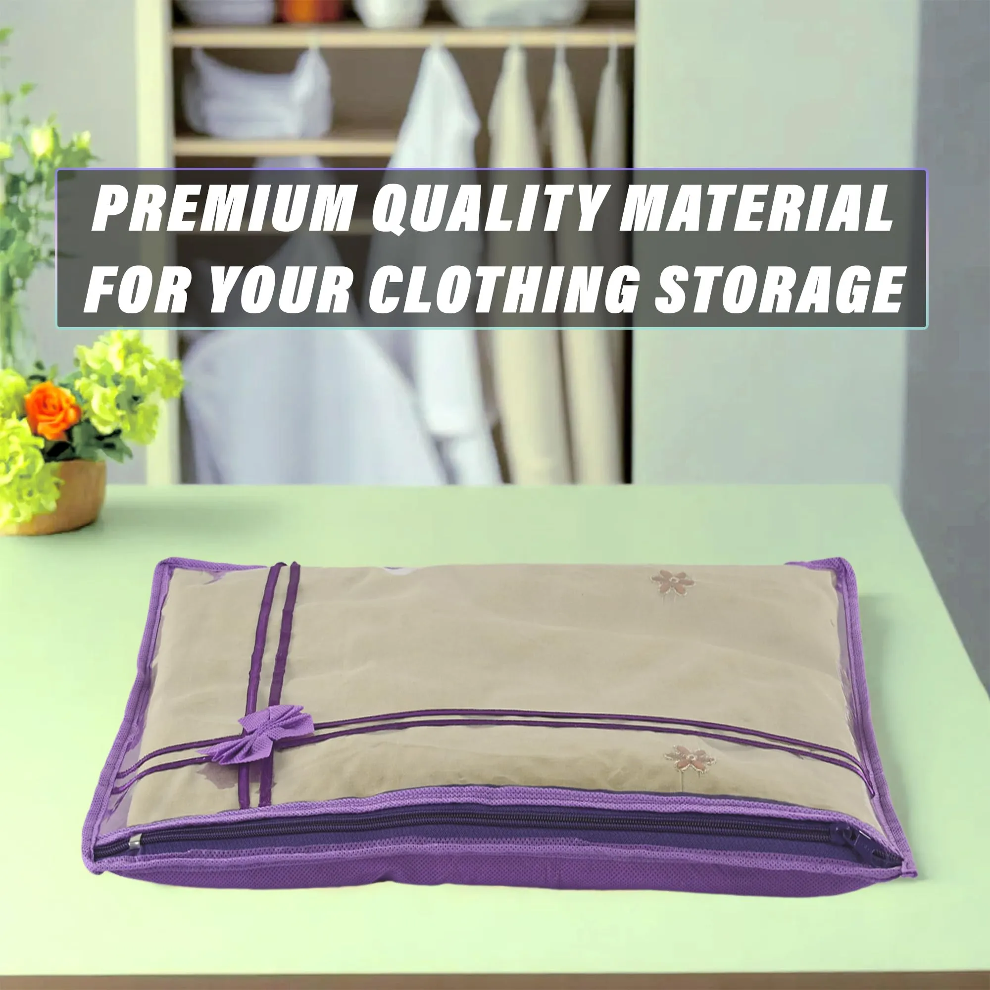 Kuber Industries Saree Cover | Clothes Storage Bag | Single Packing Saree with Zip Closure | Wardrobe Organizer | Cloth Stoarge Organizer | Bow-Design | Pack of 6 | Purple