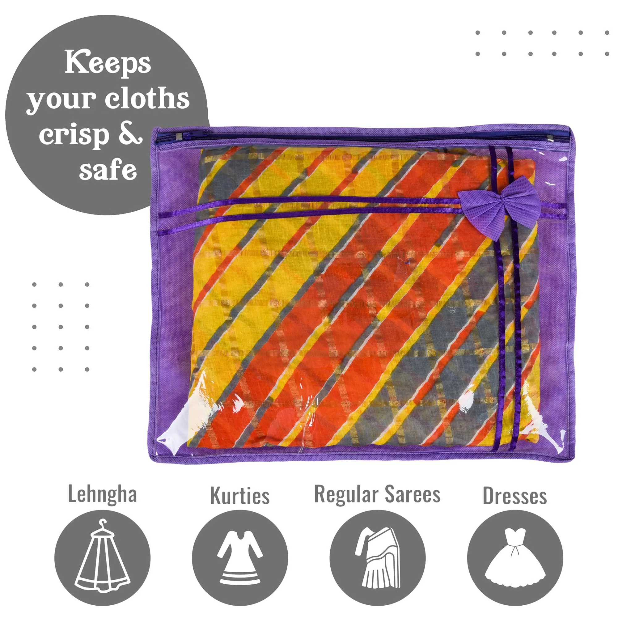 Kuber Industries Saree Cover | Clothes Storage Bag | Single Packing Saree with Zip Closure | Wardrobe Organizer | Cloth Stoarge Organizer | Bow-Design | Pack of 6 | Purple