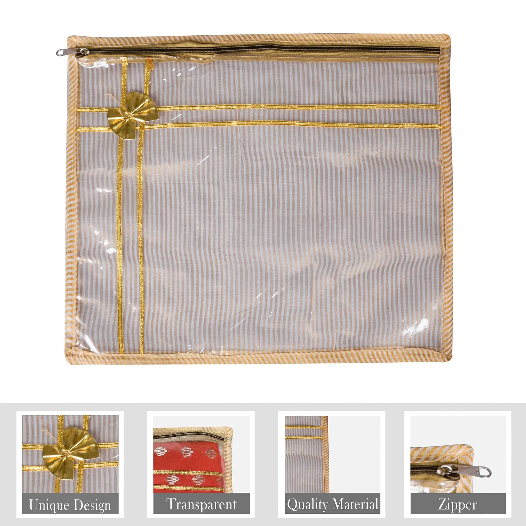 Kuber Industries Saree Cover | Clothes Storage Bag | Single Packing Saree with Zip Closure | Wardrobe Organizer | Cloth Stoarge Organizer | Tissue Lining Bow-Design | Pack of 6 | Golden