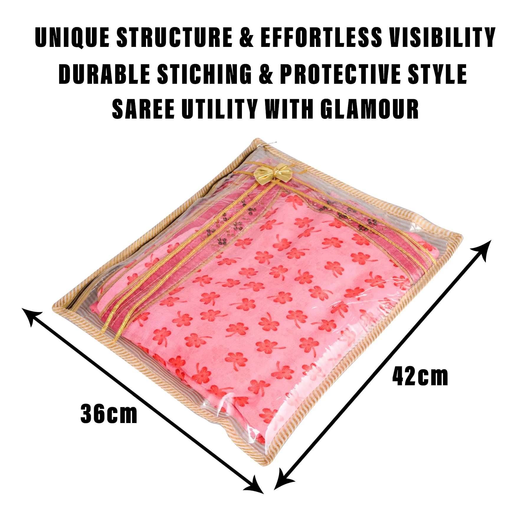 Kuber Industries Saree Cover | Clothes Storage Bag | Single Packing Saree with Zip Closure | Wardrobe Organizer | Cloth Stoarge Organizer | Tissue Lining Bow-Design | Pack of 6 | Golden