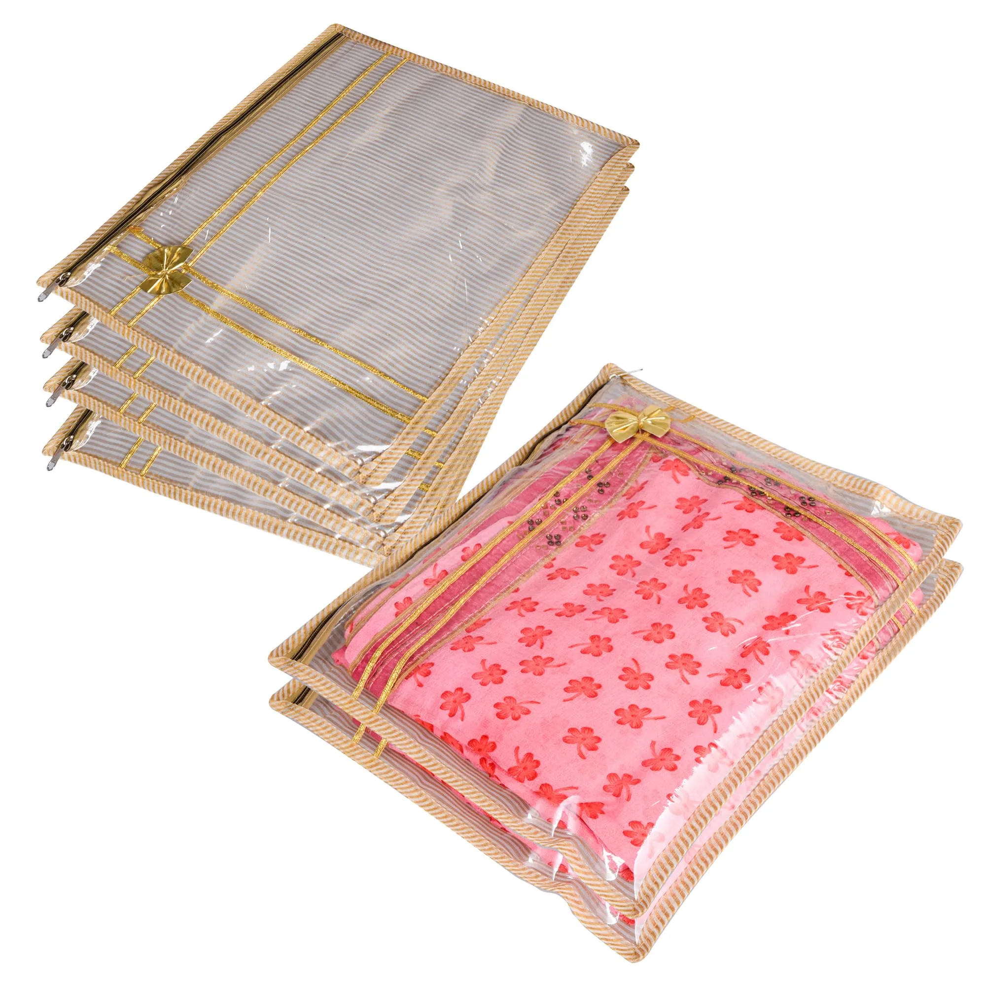 Kuber Industries Saree Cover | Clothes Storage Bag | Single Packing Saree with Zip Closure | Wardrobe Organizer | Cloth Stoarge Organizer | Tissue Lining Bow-Design | Pack of 6 | Golden