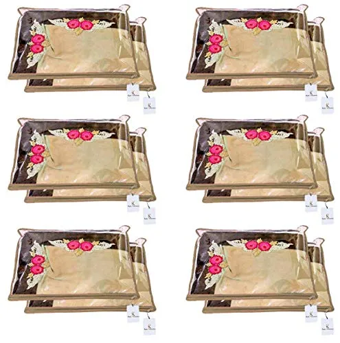 Kuber Industries™ Single Packing Saree Cover/Clothes Organizer|Transparent Window & Zipper Closure With Foldable Material, Pack of 12 (Beige)