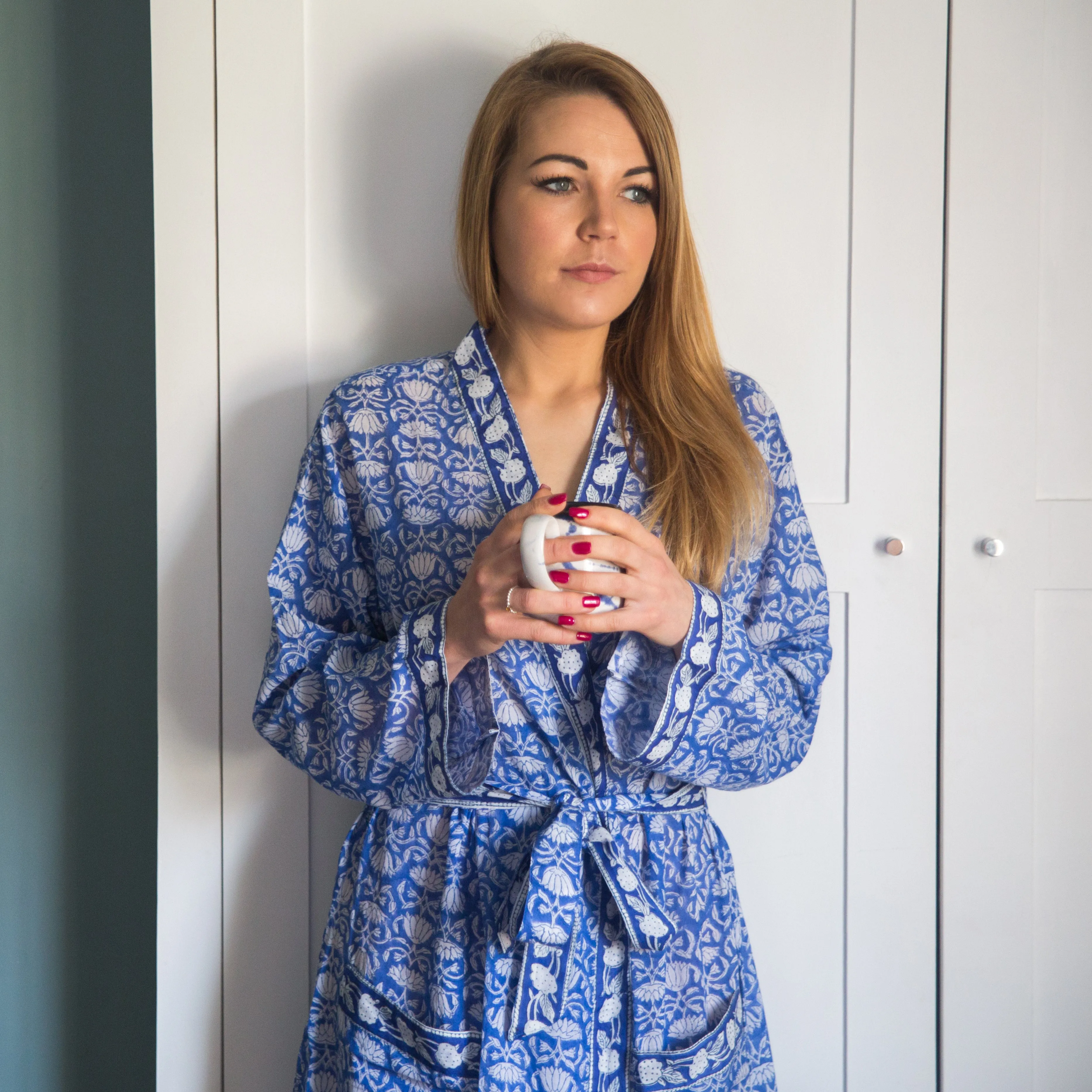 Lightweight Cotton Robe - Blue & White