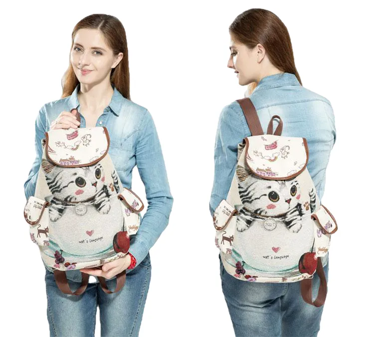 Lovely Cat Printed Canvas School Backpack For Teenager