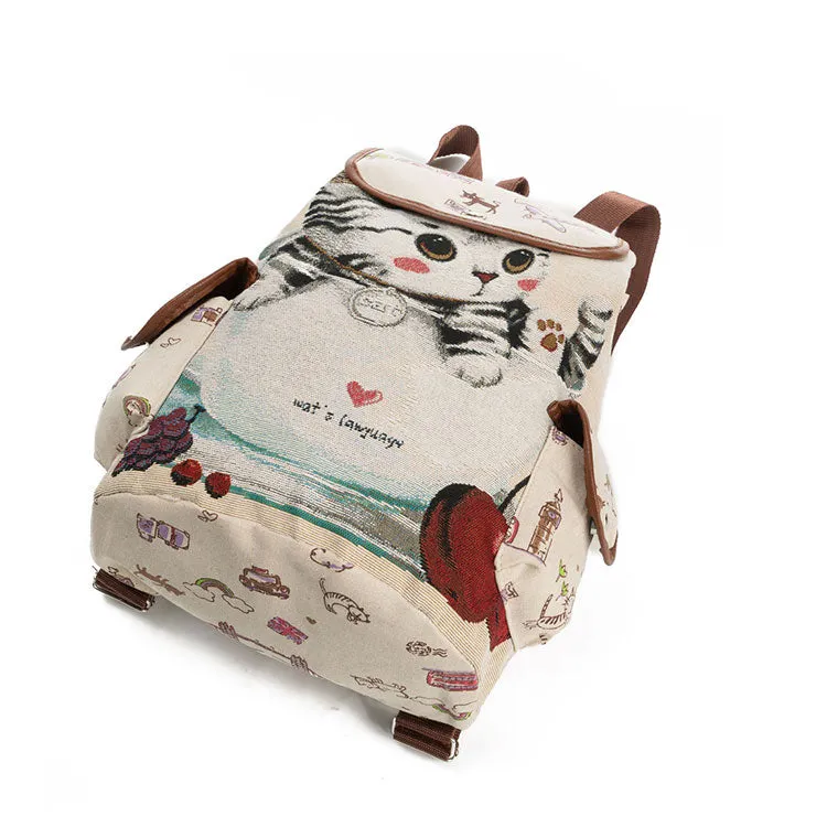 Lovely Cat Printed Canvas School Backpack For Teenager