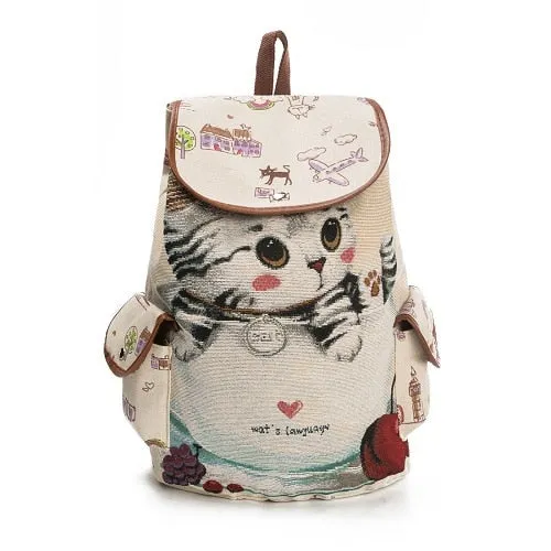 Lovely Cat Printed Canvas School Backpack For Teenager