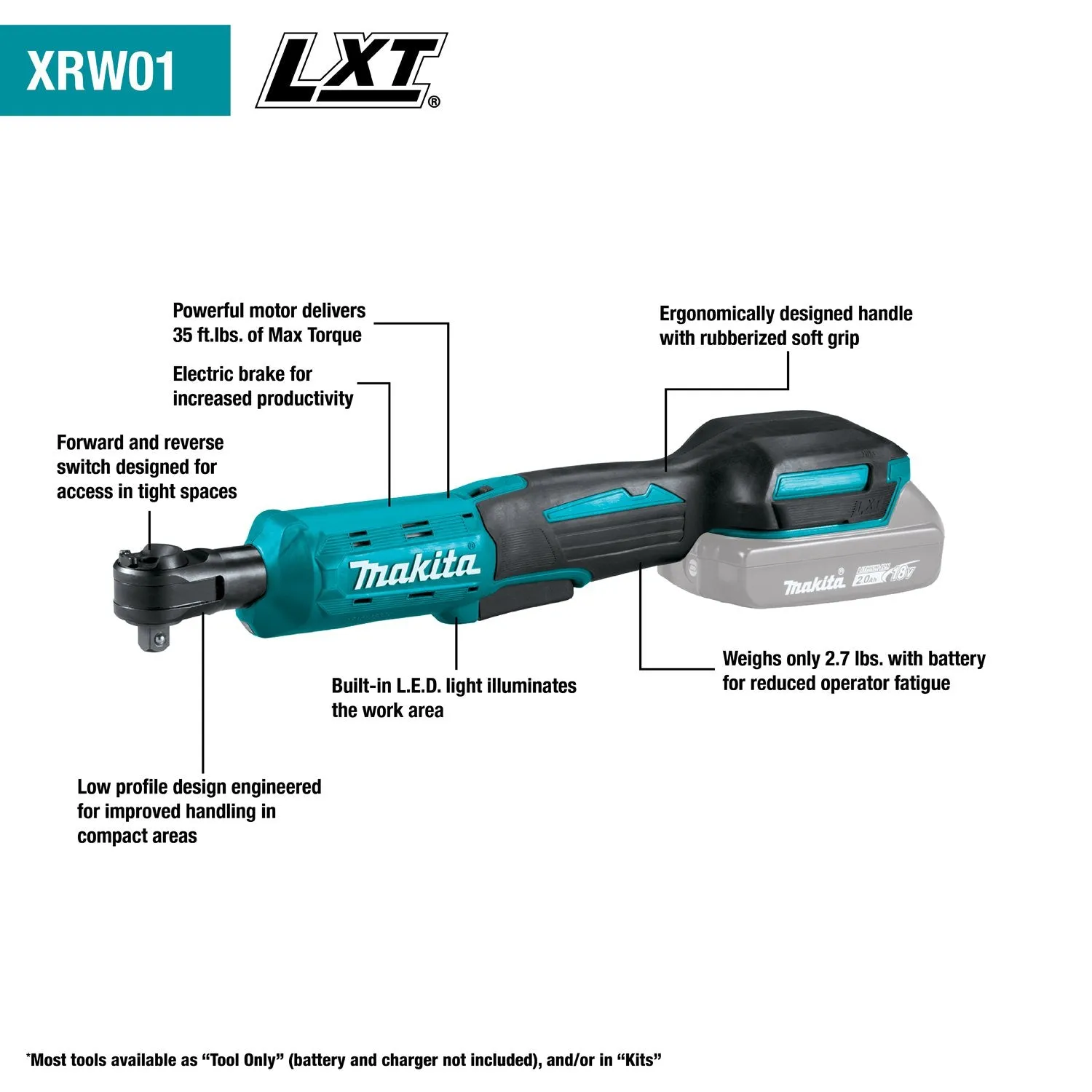 Makita (XRW01SR1) 18V LXT® 3/8" / 1/4" Sq. Drive Ratchet Kit (2.0Ah)