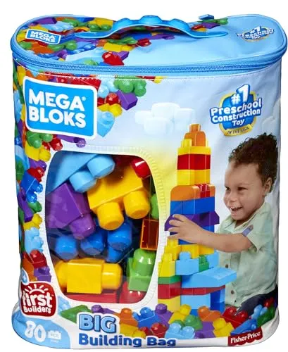 MEGA BLOKS Fisher-Price Toddler Block Toys, Big Building Bag with 80 Pieces and Storage Bag, Blue, Gift Ideas for Kids Age 1  Years