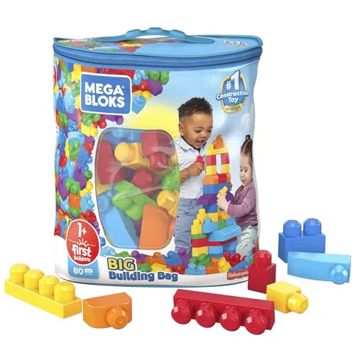 MEGA BLOKS Fisher-Price Toddler Block Toys, Big Building Bag with 80 Pieces and Storage Bag, Blue, Gift Ideas for Kids Age 1  Years