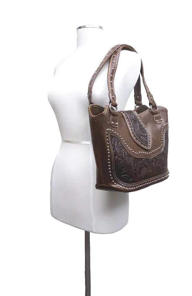 Montana West Concealed Carry Western Tooled Leather Purse - Coffee