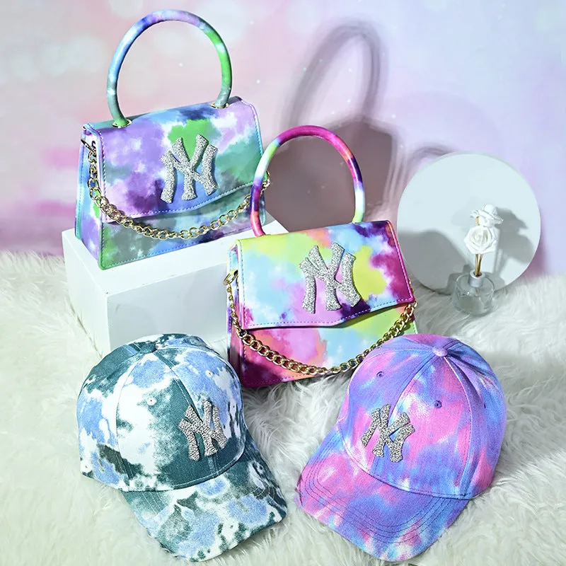 NY luxury rhinestone tie dye purse and hat set