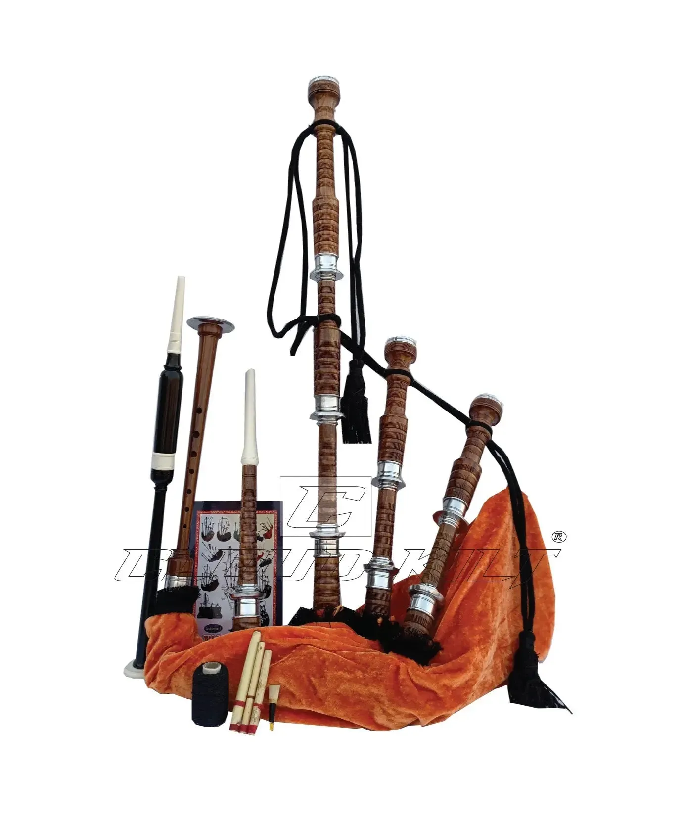 Orange Velvet Bagpipe Set Brown & Silver Finish With Hard Case